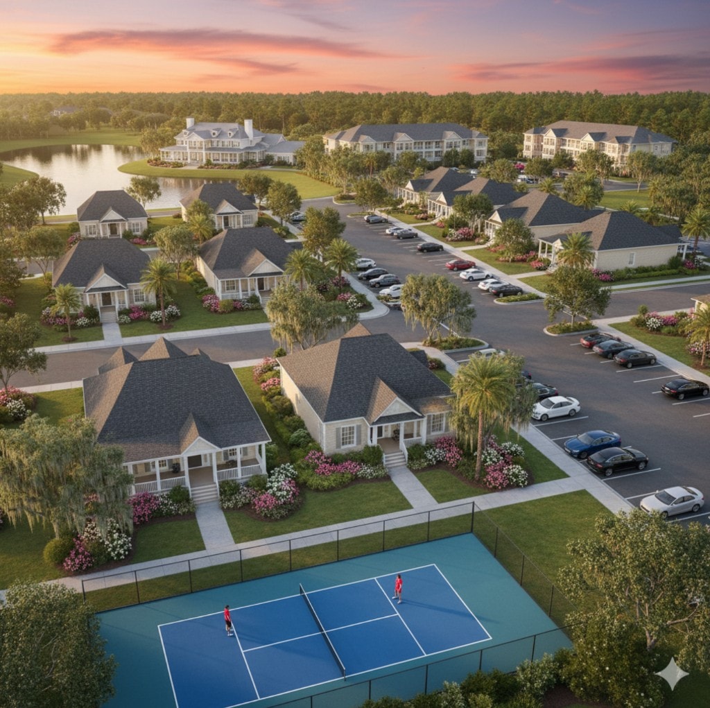Aerial rendering of the Perry retirement community at sunset with housing, clubhouse, and recreation courts.