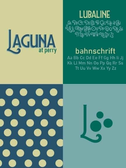 Laguna at Perry brand board with logo, typography specimens, and pattern swatches.