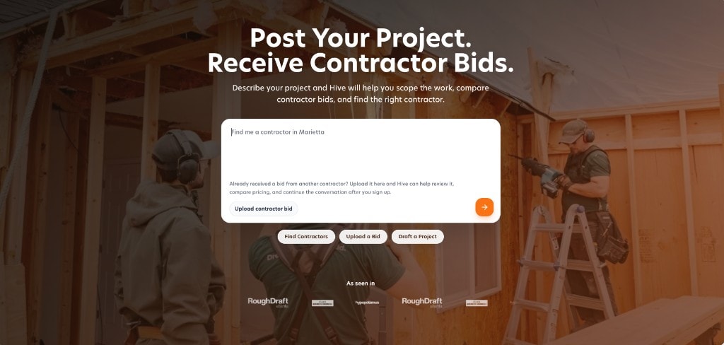 Hive homepage with the headline Post Your Project. Receive Contractor Bids.