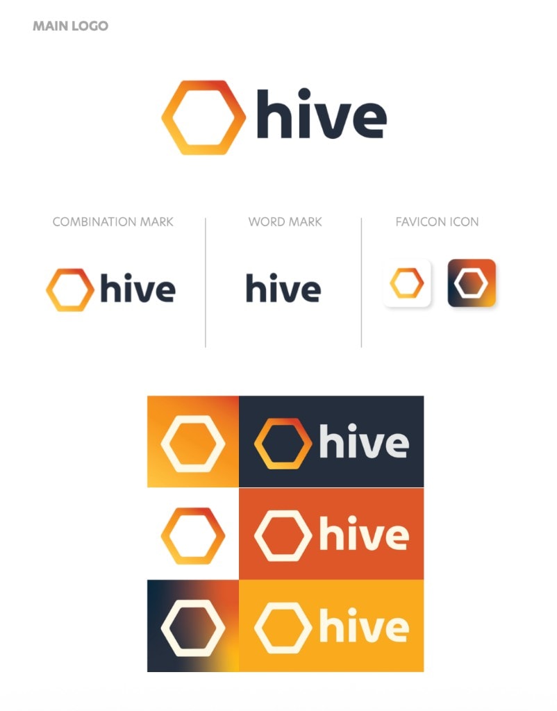 Hive identity sheet with main logo, wordmark, favicon, and color variations.