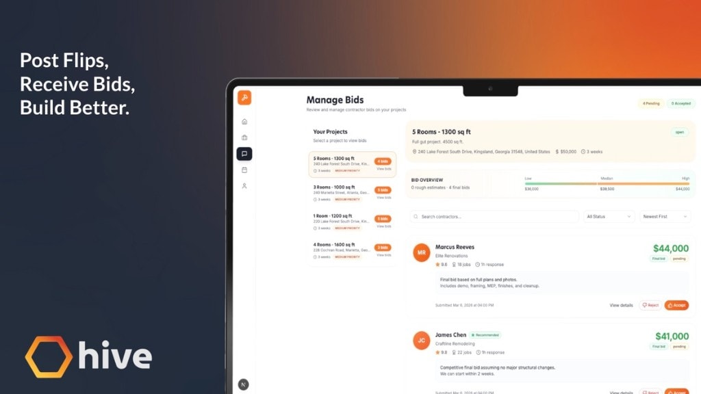 Hive Manage Bids dashboard comparing contractor bids on a renovation project.