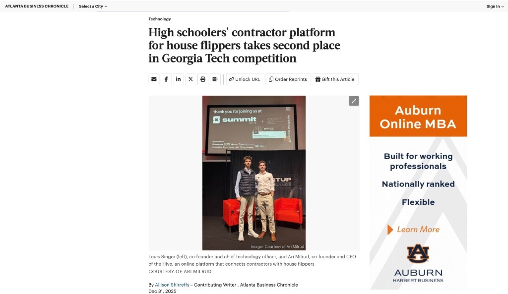 Atlanta Business Chronicle article on Hive placing second at the Georgia Tech Startup Exchange Summit.