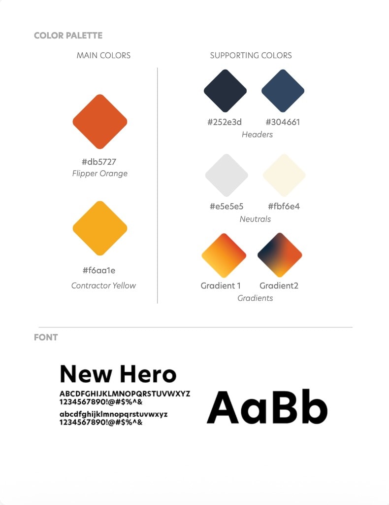 Hive brand sheet with Flipper Orange, Contractor Yellow, supporting colors, and New Hero type.