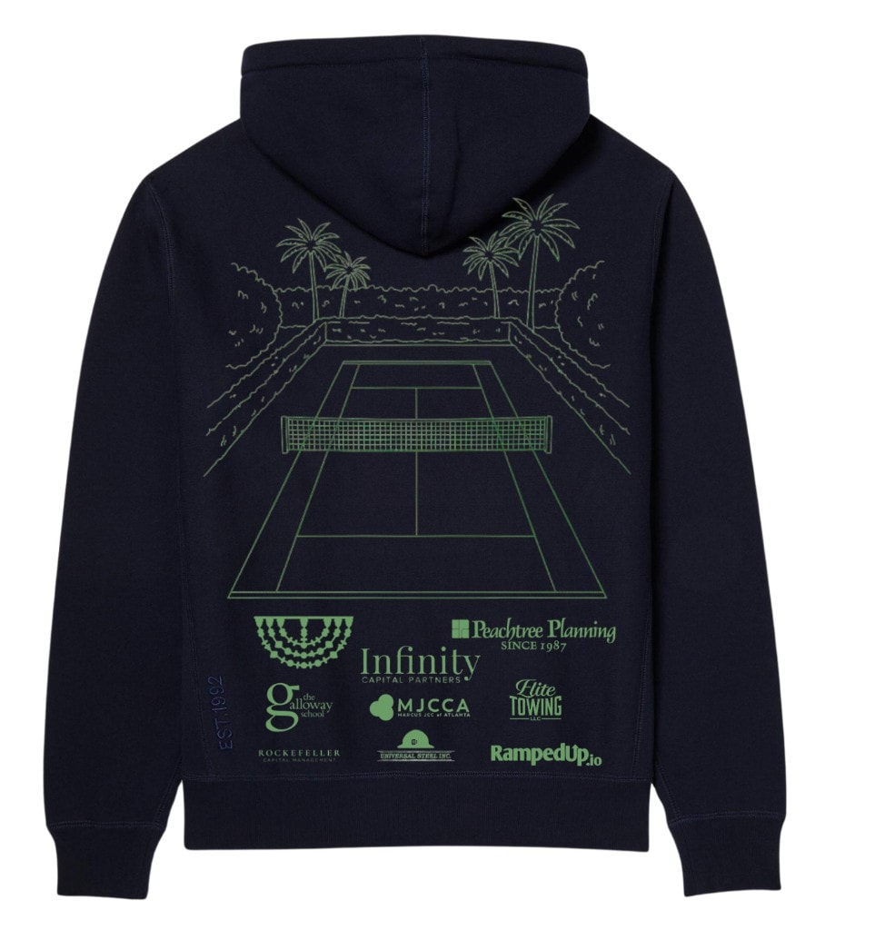 Back of tournament hoodie with sponsor logos and court illustration.