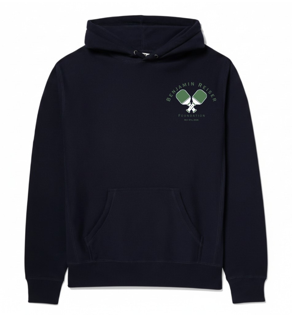 Navy hoodie mockup with the Benjamin Reiser Foundation chest logo.