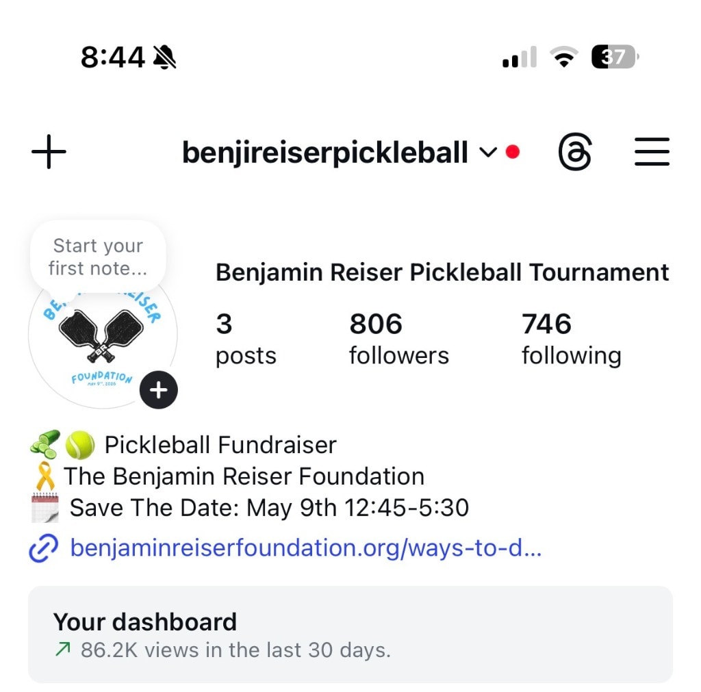 Instagram profile for the Benjamin Reiser Pickleball Tournament fundraiser.