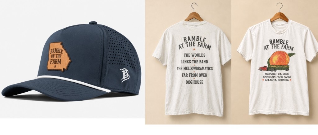 Ramble at the Farm hat and shirt mockups with lineup and peach truck graphic.