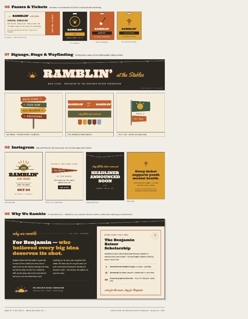 Ramblin' at the Stables passes, stage signage, Instagram templates, and mission copy.