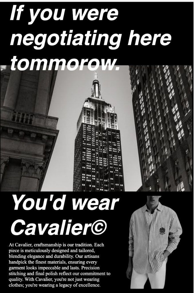 Black-and-white Cavalier ad with Empire State Building and negotiating copy.
