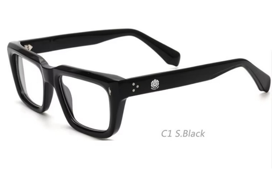 Cavalier black acetate eyeglasses with crest logo on the temple.