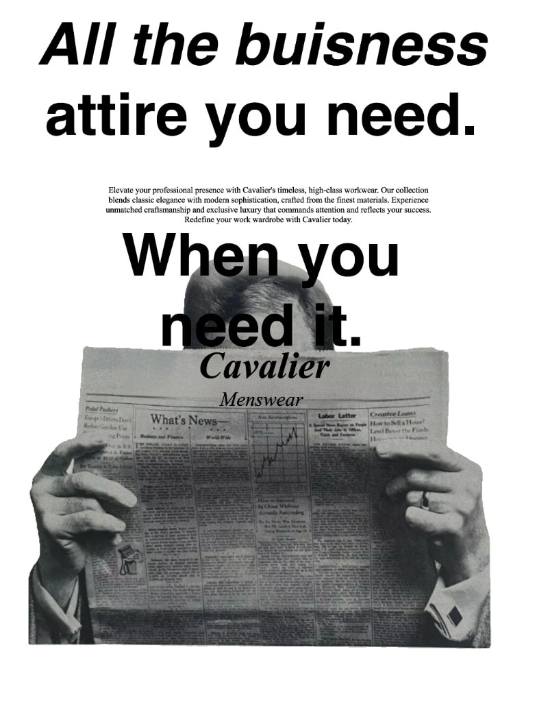 Cavalier Menswear ad with a man reading the Wall Street Journal.