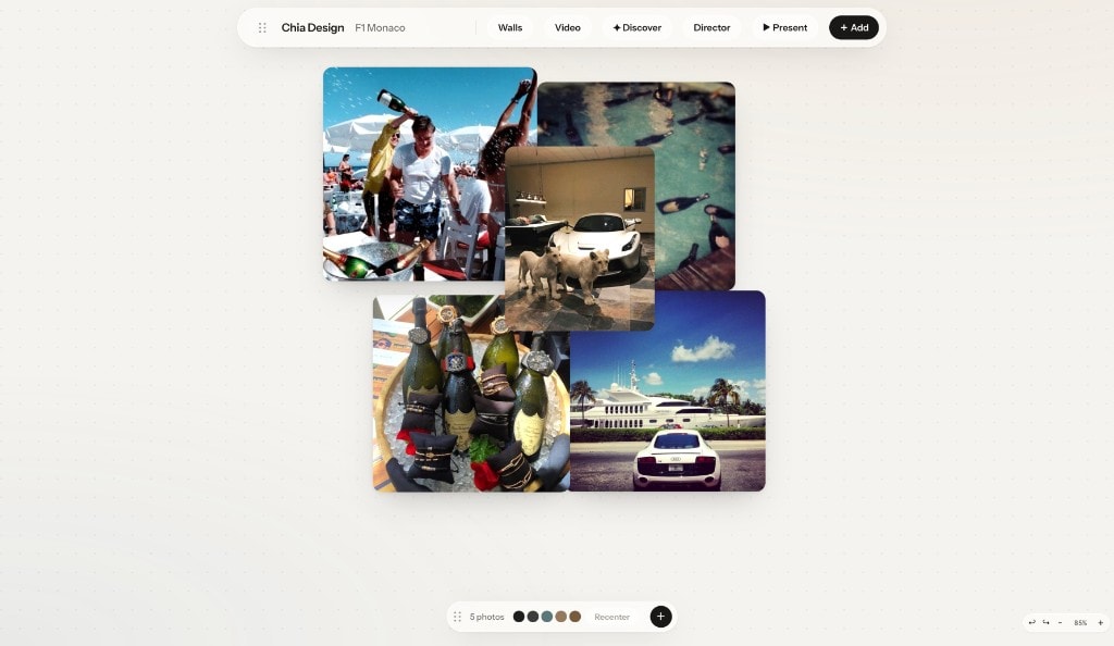 Chia Curate board for F1 Monaco with overlapping lifestyle photos and a pulled color palette.