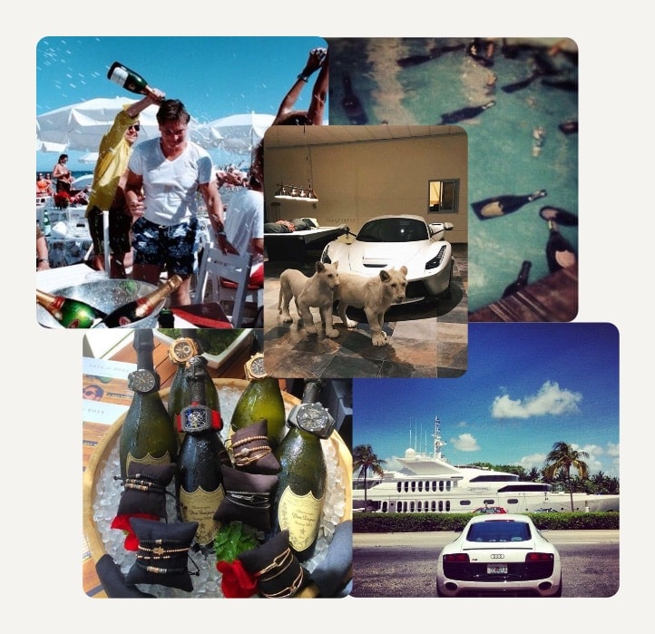 Jet-set lifestyle collage with champagne, yacht, supercar, and lion cubs.
