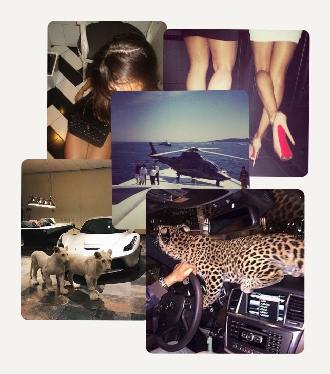 Luxury lifestyle collage with helicopter, yacht, supercar, and designer accessories.