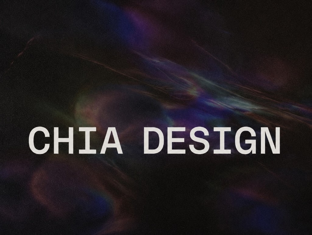 CHIA DESIGN wordmark on a dark, textured background.