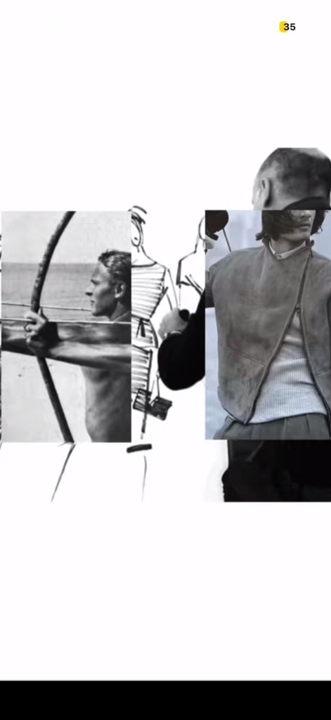 Fashion moodboard collage with archery, runway sketch, and suede jacket reference.