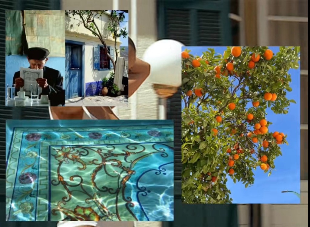 Mediterranean moodboard with a reader, whitewashed house, pool, and orange tree.
