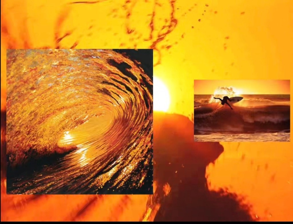 Sunset surf collage with a curling wave and a silhouetted rider.