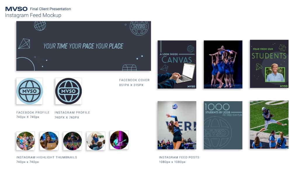 MVSO Instagram and Facebook feed mockup with covers, highlights, and square posts.