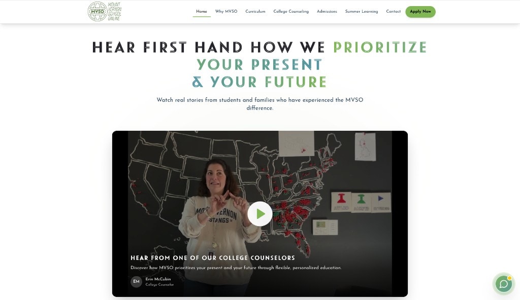MVSO site section with counselor video and the headline Hear first hand how we prioritize your present and your future.