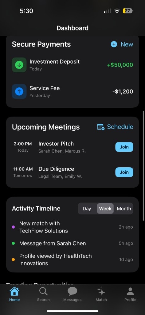 PartnerUp dashboard with secure payments, upcoming meetings, and activity timeline.