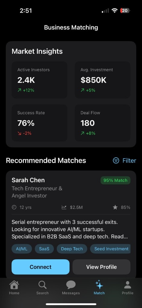 PartnerUp business matching screen with market insights and recommended investor profiles.