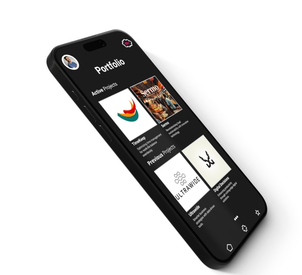 PartnerUp portfolio screen on an iPhone mockup.