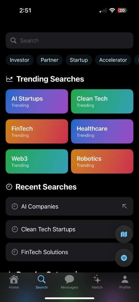 PartnerUp search screen with trending categories and recent searches.
